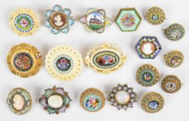 Four bone brooches set with micro mosaic plaques, three micro mosaic brooches set with cameos and