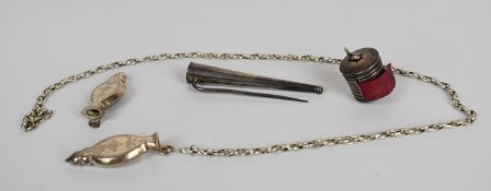Continental white metal engraved needle ends with chain, probably Dutch, measuring tape with