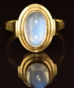 An 18ct gold ring set with a moonstone cabochon, maker AHB, 3.7g, size P