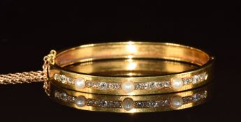 Victorian 18ct gold bangle set with three natural pearls and rose and old cut diamonds, 26.1g, 5.2 x