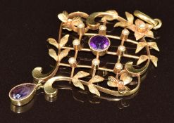 Edwardian 15ct gold pendant set with seed pearls and amethyst in a floral and lattice design, 4.