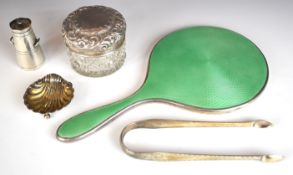 Hallmarked silver items comprising green guilloché enamel Art Deco mirror, novelty Edward VII