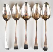 Five Georgian and William IV hallmarked silver Old English pattern table spoons, various dates and