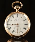 J J Badolet 14ct gold keyless winding open faced pocket watch with inset subsidiary seconds dial,