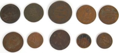 Ten bronze / copper trade and advertising tokens for 1794 Lancaster halfpenny, two 1823 hot air