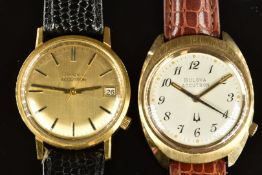 Two Bulova Accutron gold plated gentleman's wristwatches, one with date aperture two-tone hands