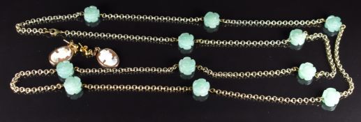 A pair of 9ct gold earrings each set with a cameo (3g) and a gilt necklace set with carved