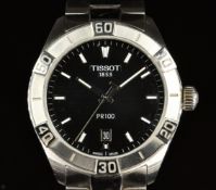 Tissot PR100 gentleman's wristwatch with date aperture, luminous hands and hour markers, black dial,