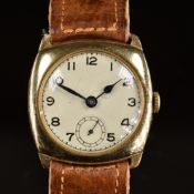 Visible 9ct gold gentleman's wristwatch with subsidiary seconds dial, blued hands, black Arabic