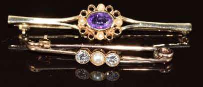 A c1920 9ct gold brooch set with a pearl and diamond (3.8cm) and a 9ct gold brooch set with an