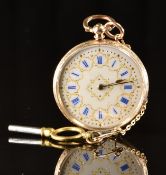 Unnamed 14ct gold open faced pocket watch with gold hands, blue Roman numerals, gilt decorated white