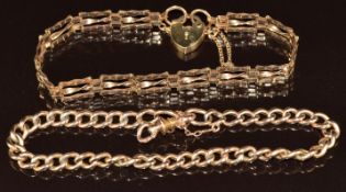 A 9ct rose gold curb link bracelet and a 9ct gold gate bracelet, 10.6g