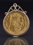 1868 Leopold II Belgian 20 Franc gold coin in 9ct gold pendant mount, 7.7g