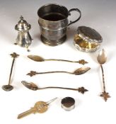 Hallmarked and other silver items comprising christening mug, pepper, trinket pot, pill pot, novelty