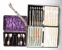 Cased hallmarked silver cutlery comprising a set of six teaspoons and tongs, Birmingham 1887,