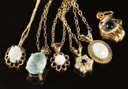 Six 9ct gold pendants including three set with opals on 9ct gold chains, 7g