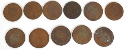 Ten bronze / copper trade and advertising tokens for 1793 Sudbury, four J Palmer Mail Coach
