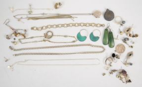 Three silver chains, silver heart bracelet, seven pairs of earrings, single 9ct gold earring (0.4g),