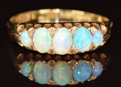 Edwardian 18ct gold ring set with five graduated opals, Birmingham 1903, size P