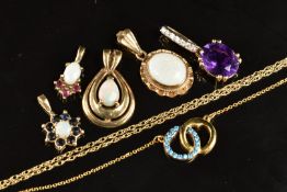 Five 9ct gold pendants set with opals, rubies, sapphires and amethyst with 9ct gold chain (5.9g) and