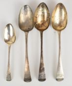 Four Georgian hallmarked silver spoons comprising dessert spoon, pair of table spoons and an