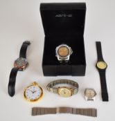 Six wrist and pocket watches including Avi-8 in original box, Seiko, Citizen and Omer with Masonic