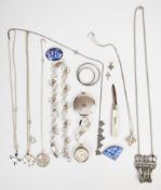 A collection of silver jewellery including fob watch, four chains, five pendants, necklace and