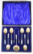 Cased set of Victorian hallmarked silver apostle spoons, sifter spoon and tongs, Birmingham 1898,