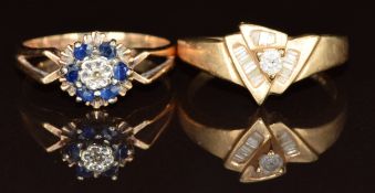 Two 9ct gold rings, one set with a diamond surrounded by sapphires and the other diamonds, 6g,