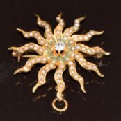 A 14k gold pendant/ brooch set with a diamond and seed pearls, 3.6g, 3cm