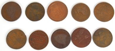 Ten bronze / copper trade and advertising tokens for 1795 Kilvington Brunswick halfpenny, 1791