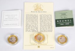 Three proof silver and gold plated £2 coins comprising two Brunel and a Rugby World Cup example,