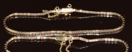 Two 9ct gold tri-coloured bracelets made up of square links, 11g, 18.5cm