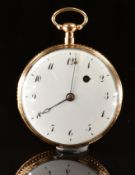 Unsigned 18ct gold open faced pocket watch with blued and gold hands, black Arabic numerals, white