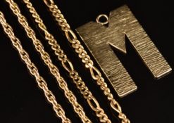Two 9ct gold chains and 9ct gold letter 'M', 15.6g