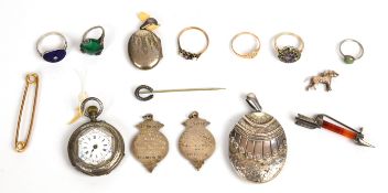 A collection of silver jewellery including Victorian locket hallmarked Birmingham 1882, fob watch,