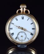 Waltham 14ct gold plated keyless winding open faced pocket watch with subsidiary seconds dial,