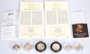 Six silver proof coins comprising three £1, two 50p Dictionary and Libraries and a United Nations £