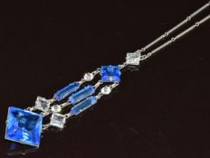 Art Deco Platinon necklace set with blue and clear paste, 6.6g, 39cm without pendant, drop section