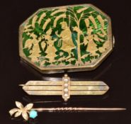 Edwardian 15ct gold brooch set with seed pearls (3.6g, 4cm), 9ct gold stick pin set with turquoise