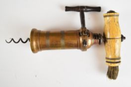 19thC rack operated patent type corkscrew, the bone handle having brush to end, length 19cm