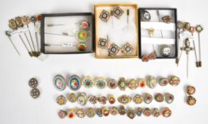 Twenty-one micro mosaic stick pins and nineteen pairs of micro mosaic earrings