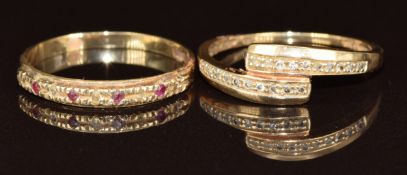 Two 9ct gold rings, one set with diamonds and the other rubies and diamonds, 2.9g, sizes P & Q