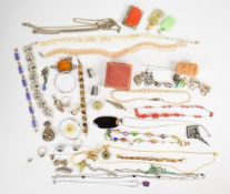 A collection of jewellery including Art Deco bracelet and brooch, micro mosaic pendants, paste