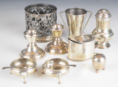 Hallmarked silver items including pierced and embossed bottle or similar holder, London 1898,