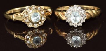 Two 9ct gold rings set with topaz surrounded by diamonds, 4.5g, sizes P & Q