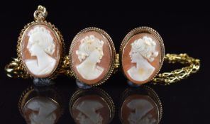 A 9ct gold pendant and earrings set with cameos and a 9ct gold chain, 10.5g