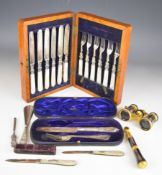 Two hallmarked silver bladed mother of pearl handled fruit knives, cased hallmarked silver knife and