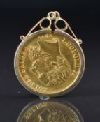 1875 Leopold II Belgian 20 Francs gold coin in 9ct gold pendant mount, 7.8g