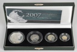 2007 Royal Mint UK Britannia silver proof four coin set from 1oz to 1/10oz, with certificate